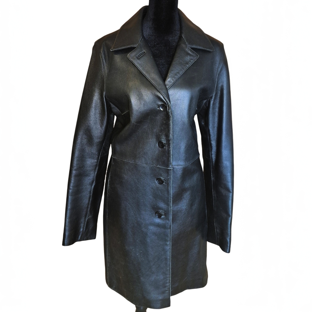 Kenneth Cole Reaction Genuine Leather Black Coat Long Jacket Small/Medium
